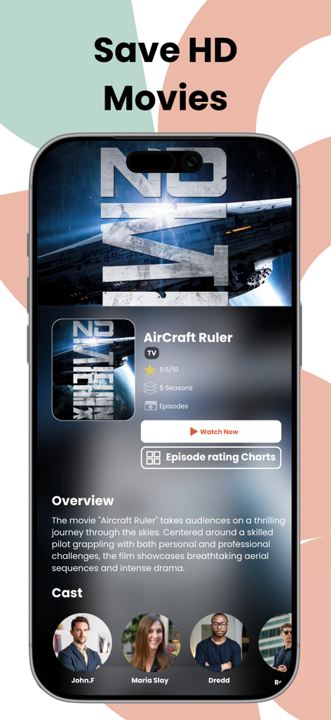 0meTV - Movies , Video Chat - Pantalla de la aplicación 0meTV mostrando detalles de películas HD para 'Aircraft Ruler' con elenco y calificaciones