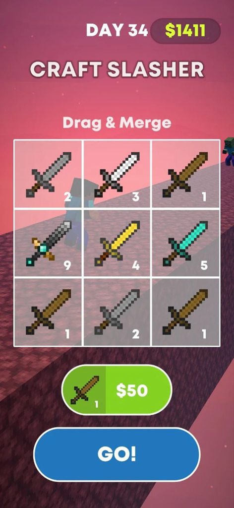 Craft Slasher - Craft Slasher game screen showing a grid of pixelated swords with drag and merge mechanics to upgrade weapons
