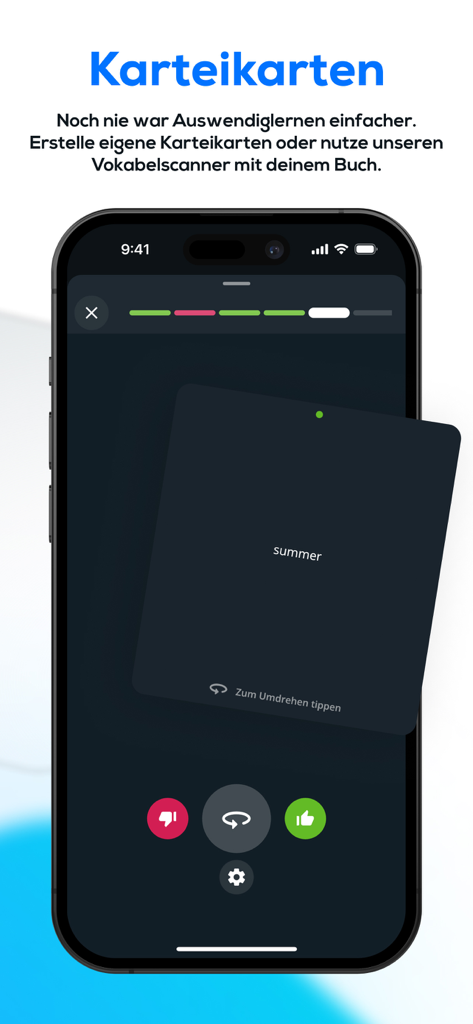 simpleclub - Die Lernapp - Schermo di uno smartphone che mostra flashcard digitali per l'apprendimento del vocabolario nell'app simpleclub
