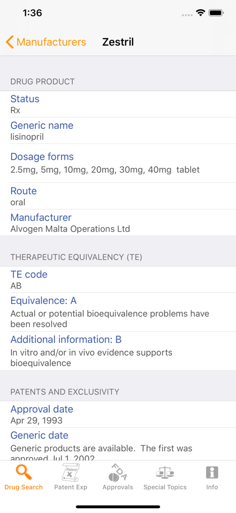 RxOrange - RxOrange app screen showing drug product information for Zestril including therapeutic equivalency and patent details