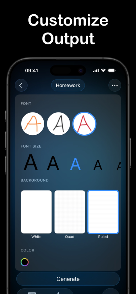 Conwrite – Text to handwriting - Interface of Conwrite app showing options to customize handwriting fonts font size and digital paper backgrounds like ruled or quad paper