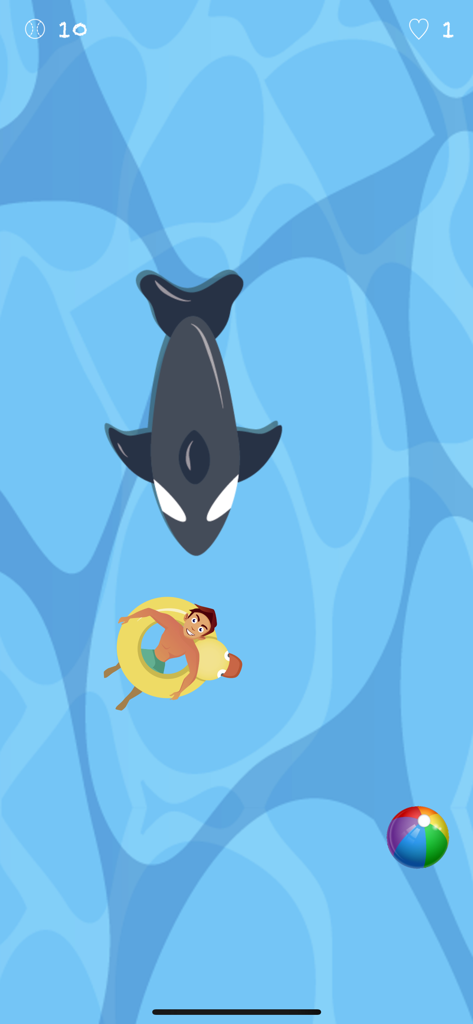 Character on a duck floatie avoiding a whale and collecting beach balls in a swimming pool game.