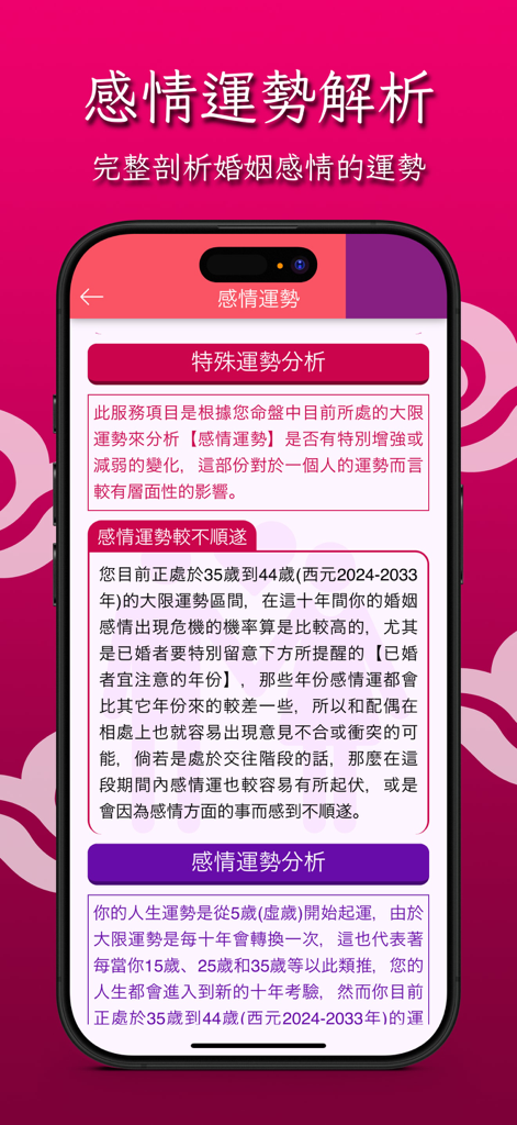 Detailed relationship fortune analysis screen from the Zi Wei Dou Shu Life Reading mobile app.