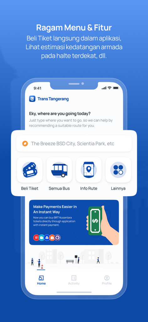 Home interface of Trans Tangerang Ayo app with options for bus tickets and route information