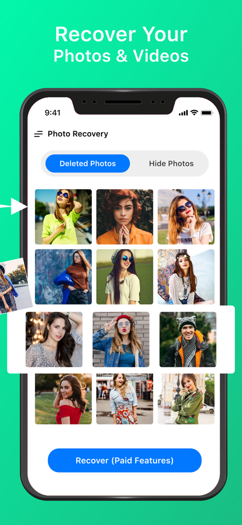 Video Recovery, Recover Photos - Mobile app screen showing a grid of recovered deleted photos with a button to recover files.