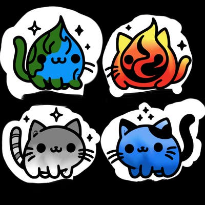 4 cats that represent the different elements, earth, water, air, and fire