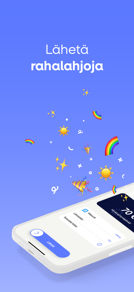 MobilePay app interface for sending money gifts featuring festive icons like rainbows and party poppers