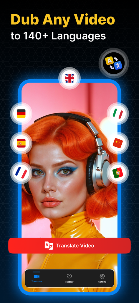 Video Translator: Translate - Dubsy app screen showing the video dubbing feature into over 140 languages with icons of global flags surrounding a creator.