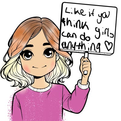 realistic girl holding up a sign