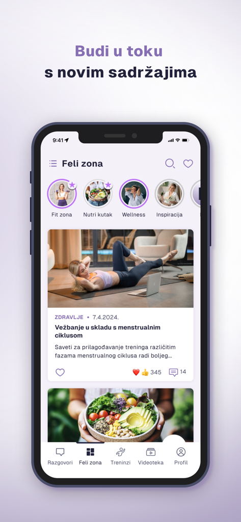 Interface de l'application Feli montrant un fil d'actualité avec des articles sur la nutrition fitness et le bien-être pour les femmes.