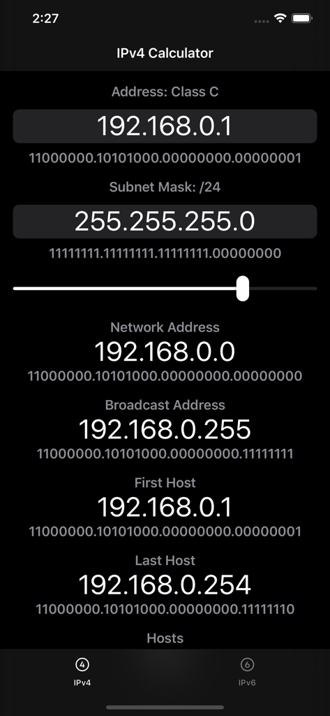 Subnet 64 app interface showing IPv4 calculator with network address and subnet mask details