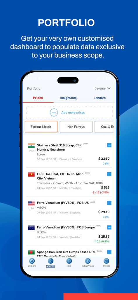 BigMintアプリのポートフォリオ画面。卑金属および貴金属のリアルタイム価格を示すカスタマイズされたダッシュボードを表示しています。