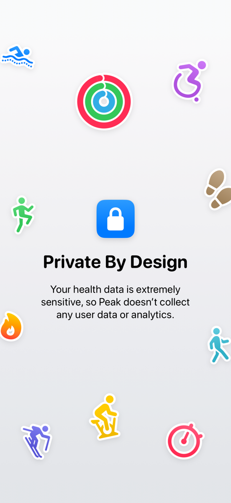 Peak: Health & Fitness Widgets - A screen from the Peak app titled Private By Design explaining that no user data or analytics are collected, surrounded by colorful fitness activity icons and a central lock symbol.