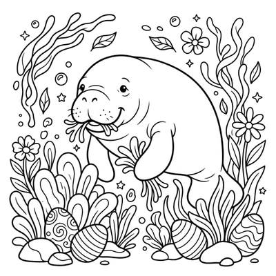 Celebrate Easter with this adorable coloring page featuring a friendly manatee enjoying an underwater feast. Discover hidden Easter eggs and vibrant aquatic plants as you bring this cheerful scene to life.