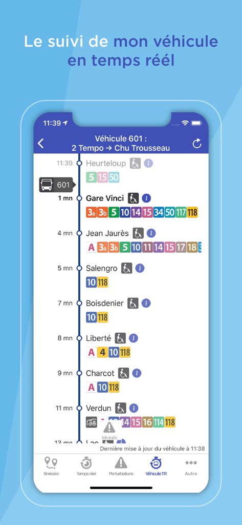 Fil Bleu - Real-time vehicle tracking interface in the Fil Bleu app showing bus stop arrival times.