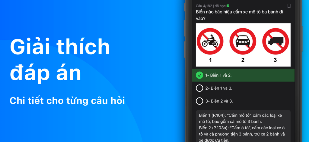 600 Câu Lý Thuyết GPLX OTOMOTO - Mobile app screen showing detailed answer explanations for the Vietnamese driving license theory test