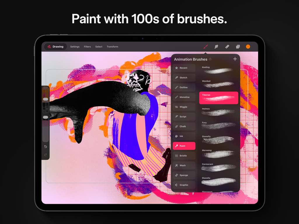 Procreate Dreams - Interfaz de la app Procreate Dreams en un iPad mostrando el menú de selección de pinceles de animación con varias opciones de pinceles texturizados.