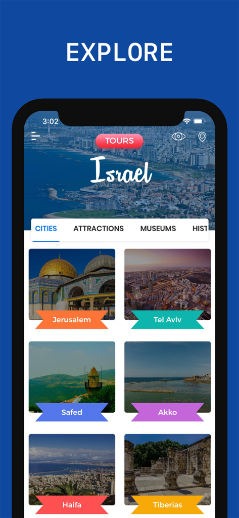 Explore screen of the Israel Travel Guide app displaying major cities like Jerusalem and Tel Aviv