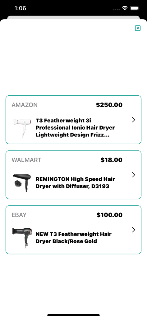 Price Check Scanner - A price comparison screen showing different hair dryer prices from Amazon Walmart and eBay