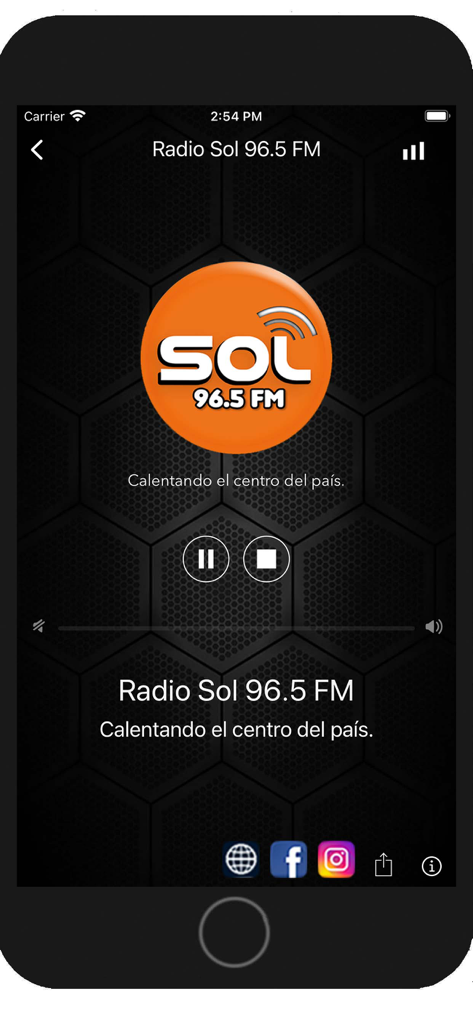 Interface of the Radio Sol 96.5 FM app showing the player screen with logo and playback buttons