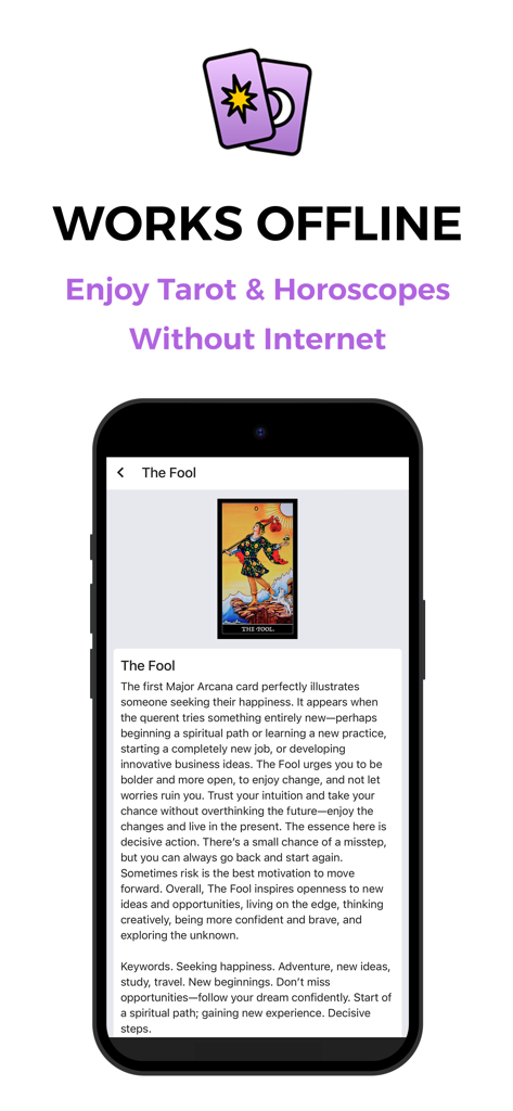 Mystic Tarot Reading & Cards - インターネットなしでオフラインで機能するというヘッダーが付いた、愚者（The Fool）のタロットカードの意味を表示するスマートフォンインターフェイス