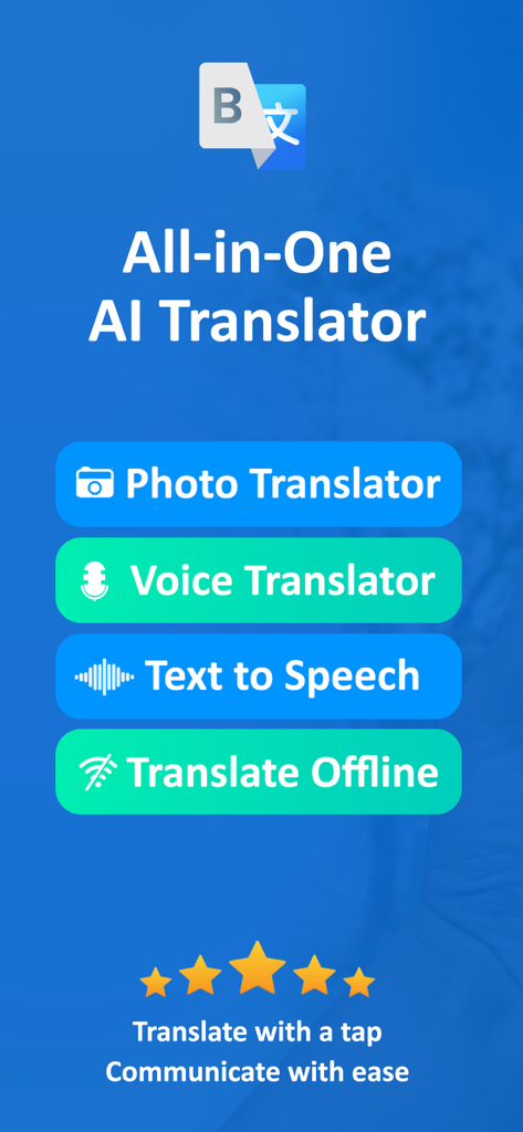 Menu principal de l'application AI Translator affichant les options de traduction photo, vocale et hors ligne