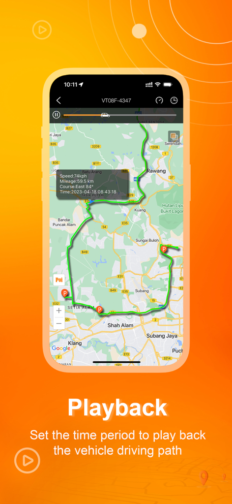 Protrack GPS app screen showing a vehicle driving path playback on a map with route details