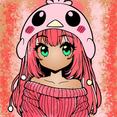 anime girl with chick shaped hat with sweater with bare shoulders with bangs covering them one eye with low tail