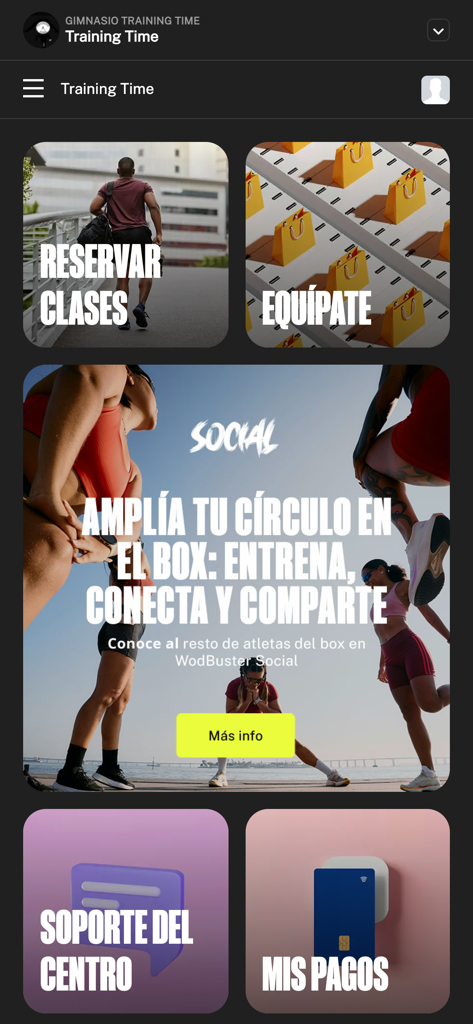 Gimnasio Training Time - Panel de la aplicación Gimnasio Training Time mostrando opciones para reservas de clases y funciones de comunidad del gimnasio