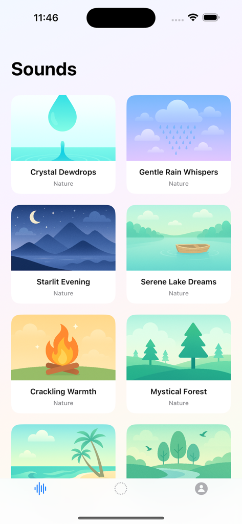 Drop: Focus & Calm - A screen in the Drop app titled Sounds showing a grid of nature-themed soundscapes like Gentle Rain Whispers and Mystical Forest with pastel illustrations.