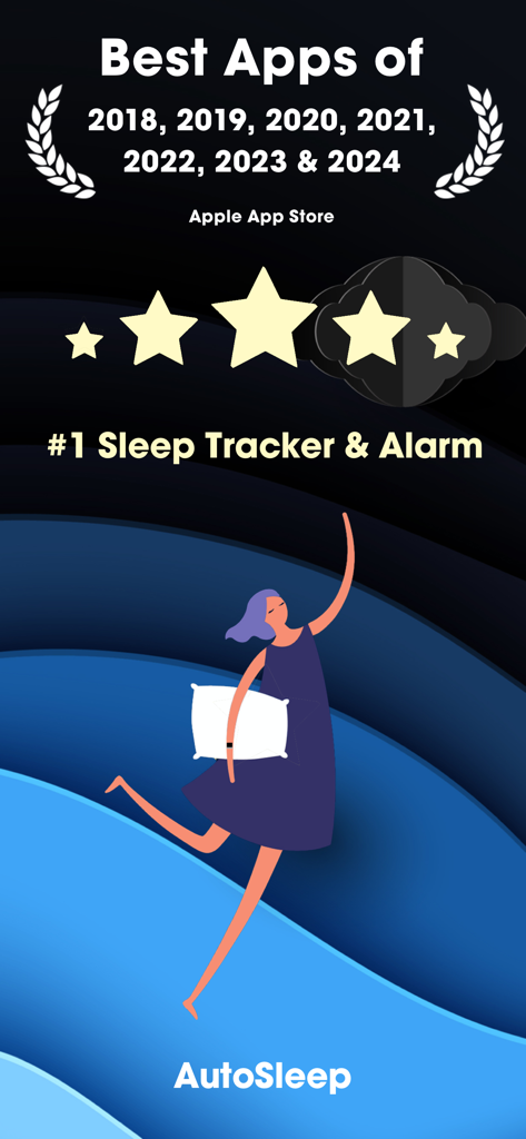 AutoSleep app promotional image showing multiple Apple App Store Best of awards from 2018 to 2024 and a five star rating