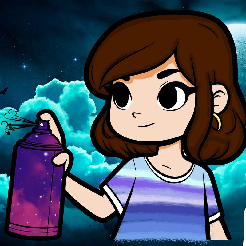 a girl with a spray paint bottle that facing towards her