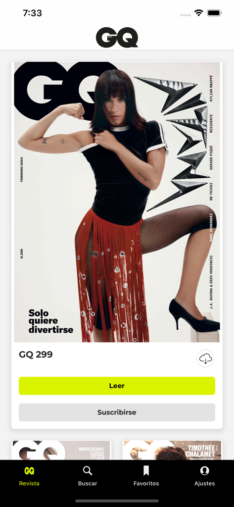 Interface do aplicativo de revista digital GQ Espana exibindo a capa de uma revista com opções de leitura e assinatura