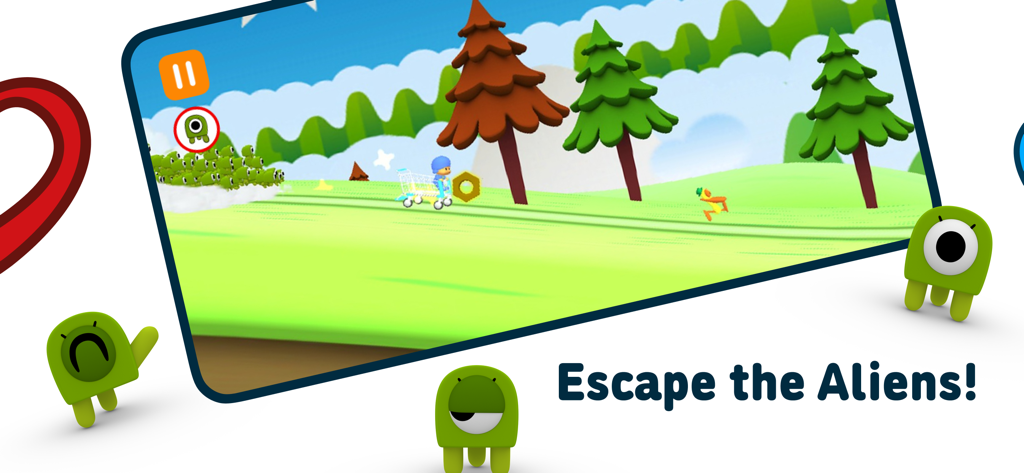 Pocoyo court dans un caddie sur une colline verte en échappant à de petits extraterrestres verts