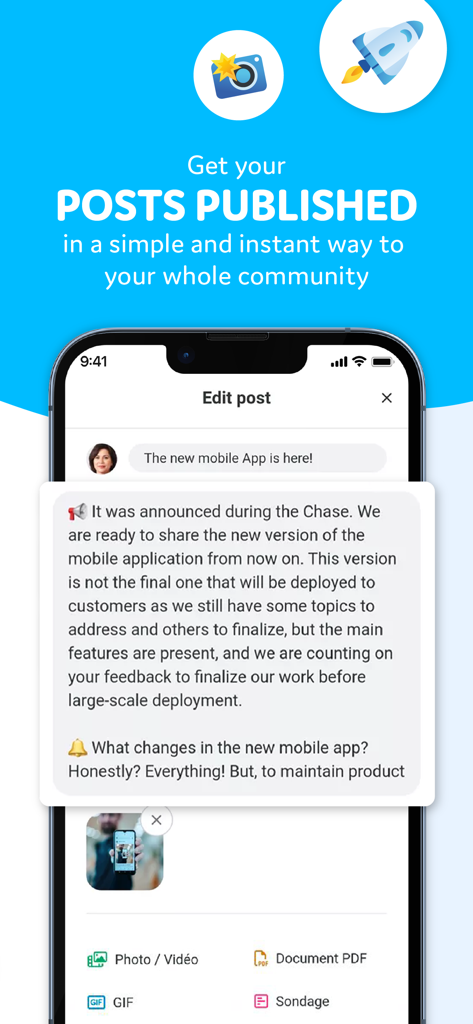Steeple - 회사 게시물 생성 및 게시를 위한 Steeple 모바일 앱 인터페이스.
