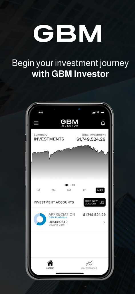GBM Investor - GBM Investor app screen showing total investment balance and performance graph