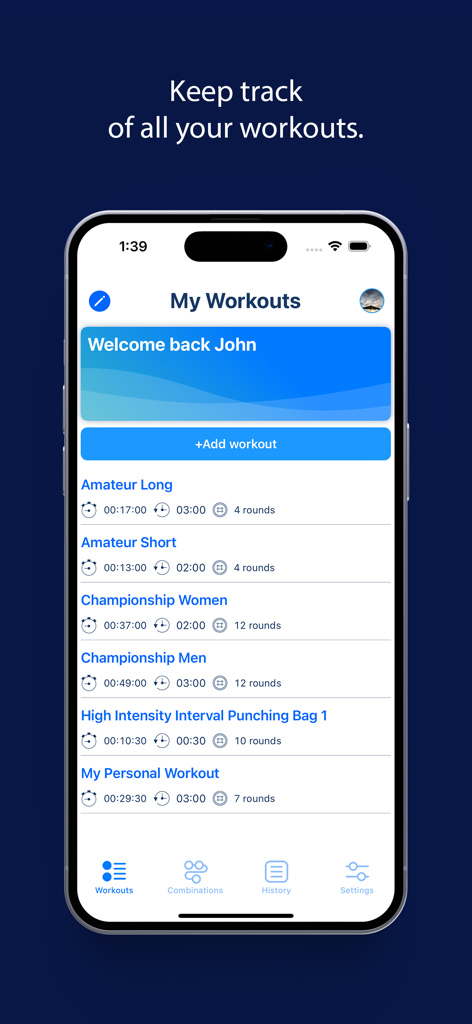 Boxing Coach Workout Timer - A screen in the Boxing Coach app listing various preconfigured and personal workouts including Amateur and Championship modes.