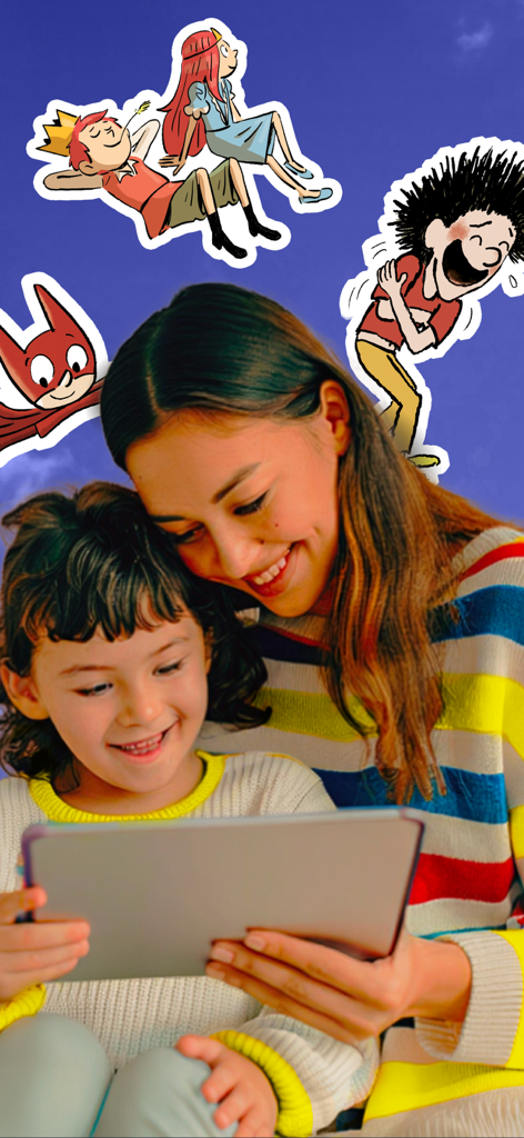 BayaM : Podcasts, jeux & films - Mère et fille utilisant l'application BayaM sur une tablette avec des personnages de dessins animés autour d'elles