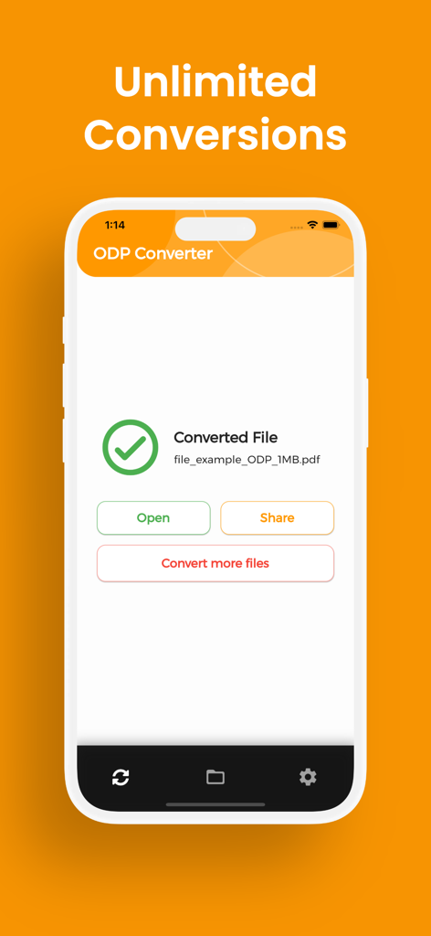 ODP Converter, ODP to PPTX - iPhone screen showing a successful ODP file conversion with options to open or share the document