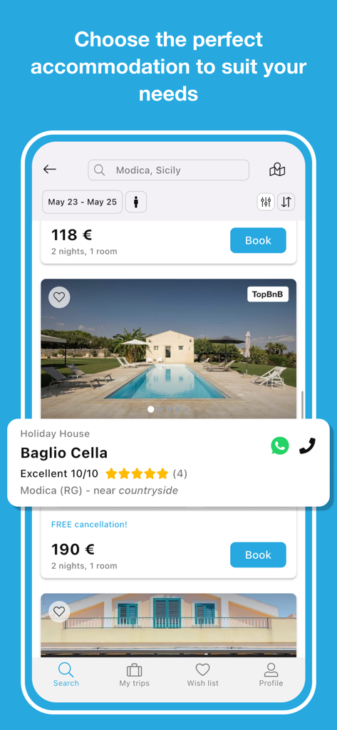 Case Vacanza Italia - Case Vacanza Italia app interface showing vacation rental listings in Sicily with property photos and prices