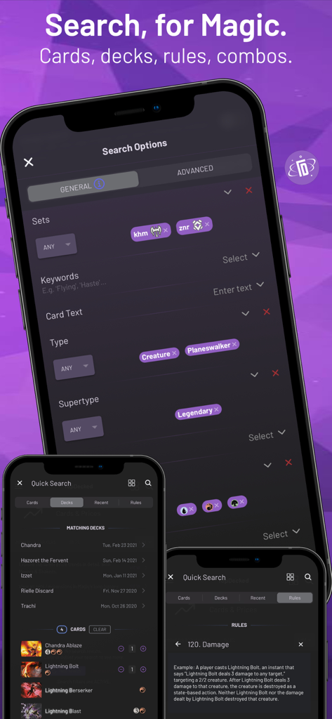TopDecked MTG - TopDecked MTG mobile app interface showing advanced card search filters, deck lists, and game rules