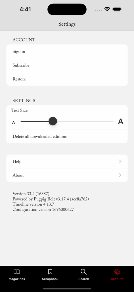 The account and settings menu of the British Vogue app showing options for signing in, subscribing, and adjusting text size.