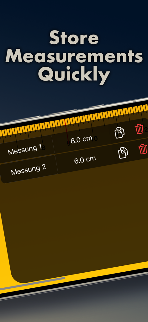 Ruler, Measuring Tape - AR App - Oberfläche der AR-Lineal-App, die eine Liste gespeicherter Messungen in Zentimetern mit Kopier- und Löschoptionen anzeigt