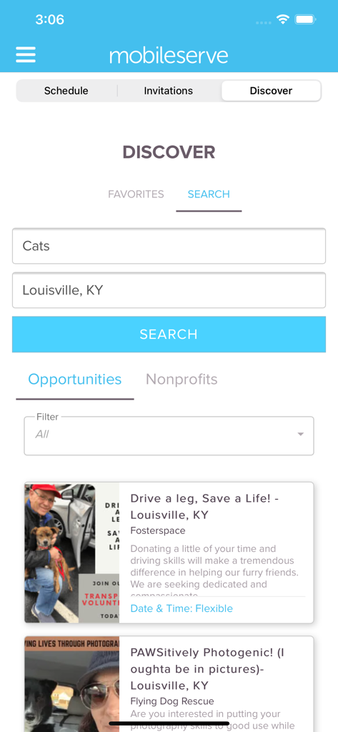 Ein Screenshot der MobileServe App-Entdecken-Seite, der die Suche nach ehrenamtlichen Möglichkeiten in Louisville zeigt