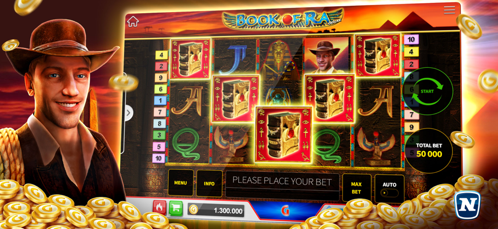 Gaminator Casino app showing the Book of Ra deluxe slot machine with gold coins and adventurer character