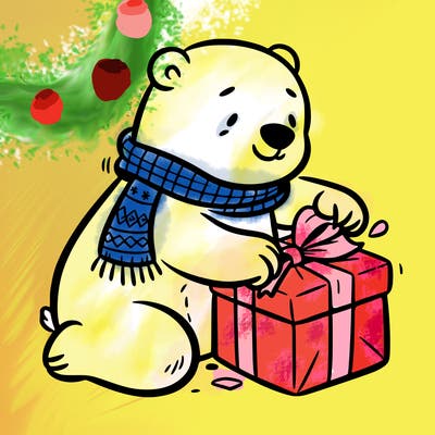 polar bear wrapping a present