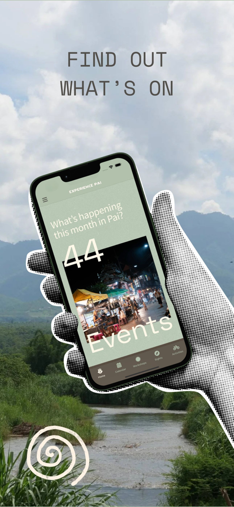 Experience Pai - Smartphone screen showing the Experience Pai app events calendar with a local night market image.