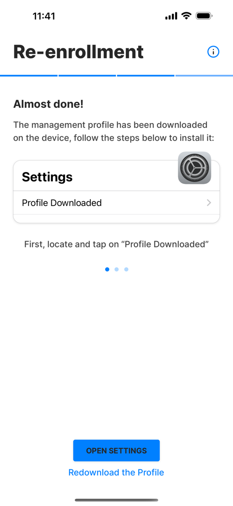Exodus Companion app interface guiding a user to install a downloaded management profile in iOS settings