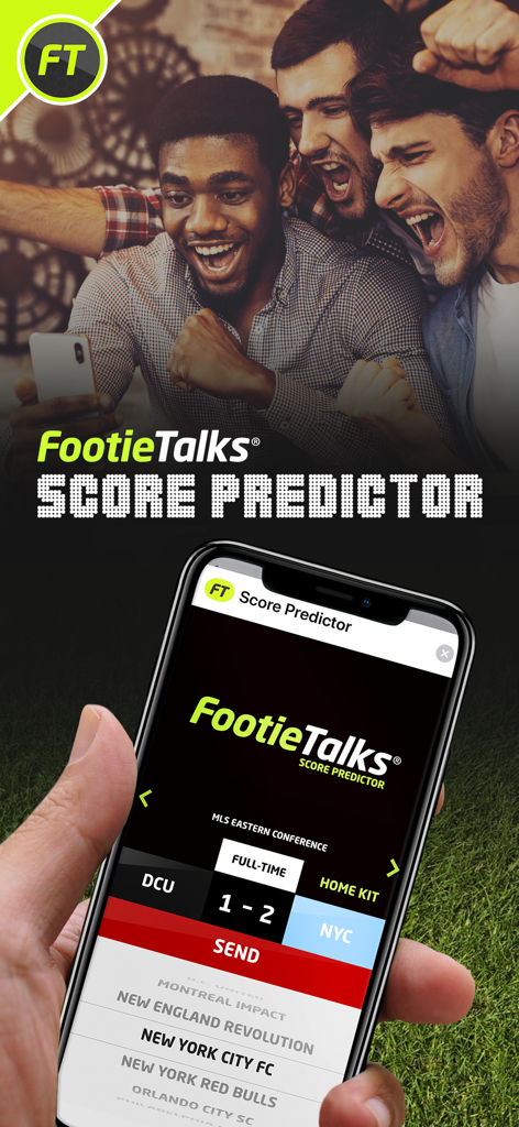 Fans cheering and a mobile phone displaying a score prediction for an MLS match on the FootieTalks app