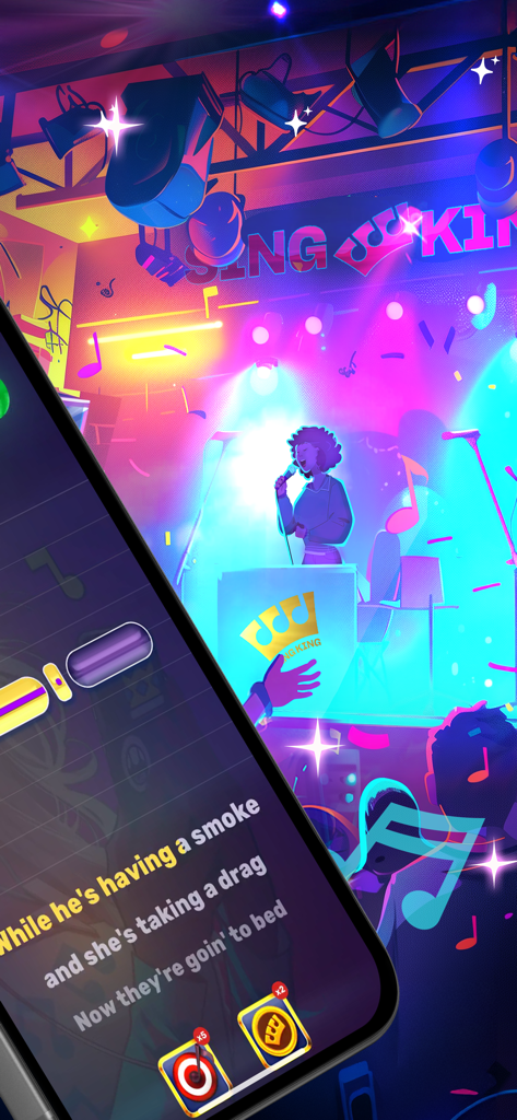 Sing King: The Home of Karaoke - Smartphone displaying karaoke lyrics and scoring in the Sing King app